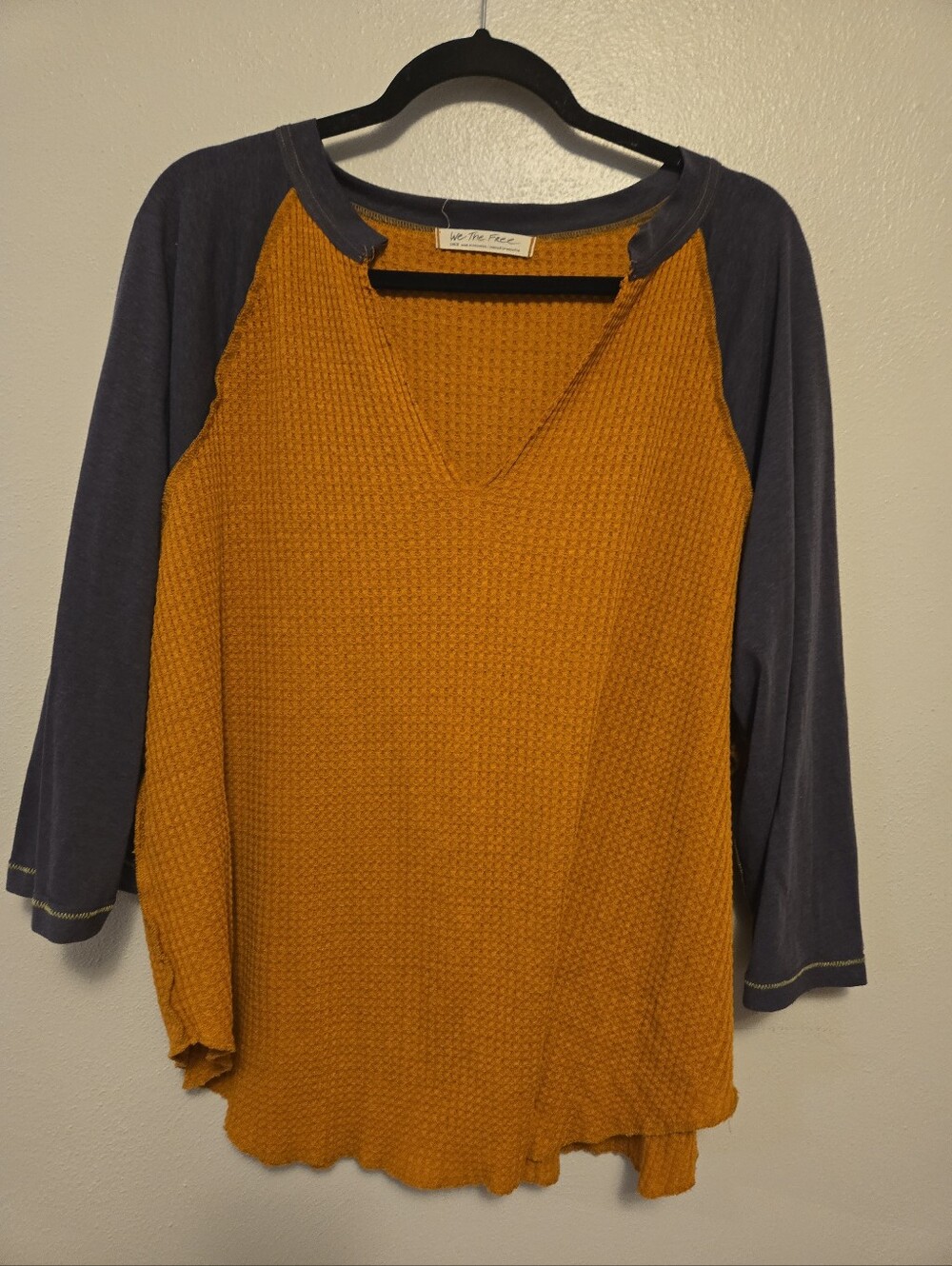 We The Free Free People Oversized Raglan Waffle Knit Tee Yellow Gray L